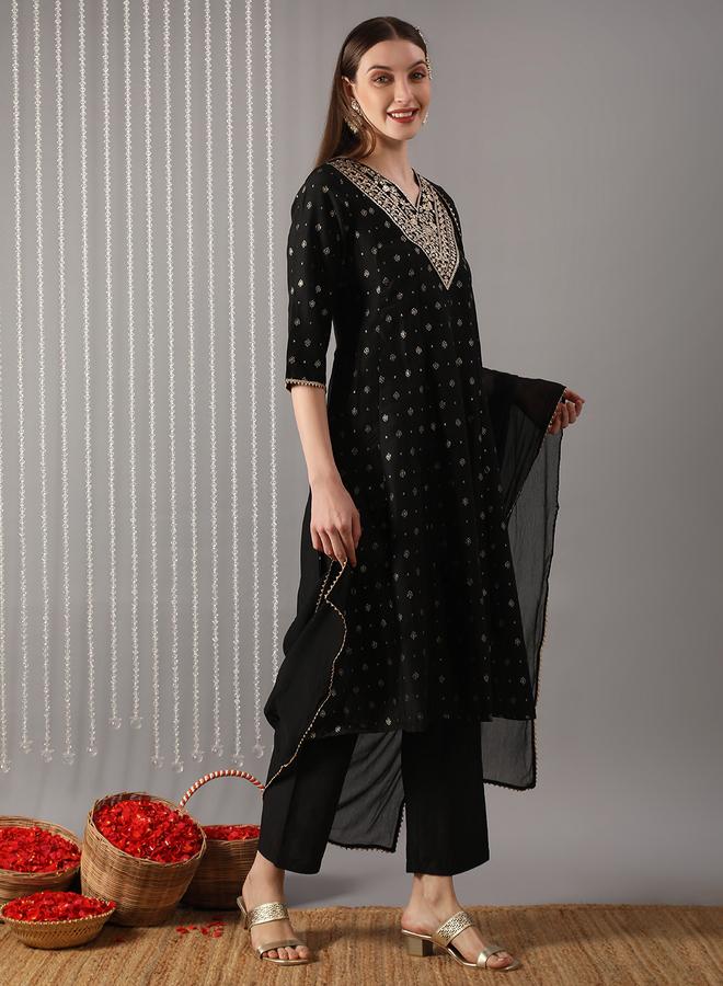 globus Women Black V-Neck Embroidered Gold Foil Kurta with Pant and Dupatta Set - Image 1